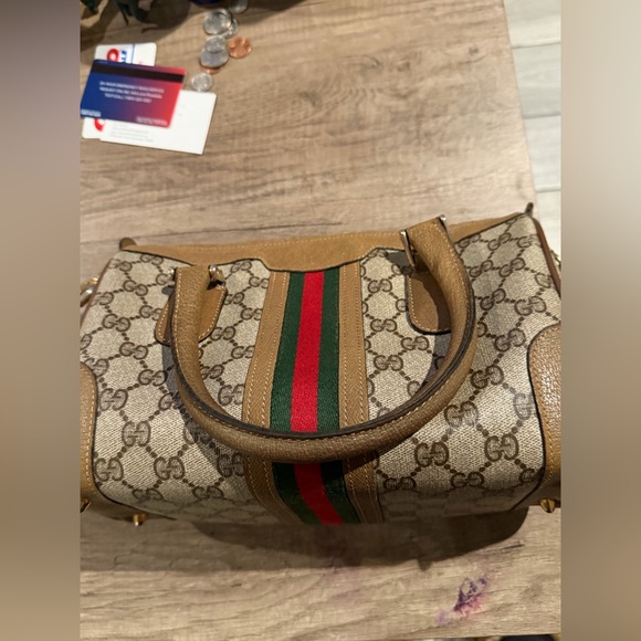 Gucci Handbags - Gucci Beige and Green Satchel